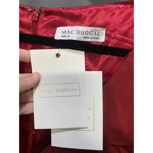 Mac Duggal Blouson Dress Women's 18 Red Sheer Long Sleeve Surplice Ball Gown B4