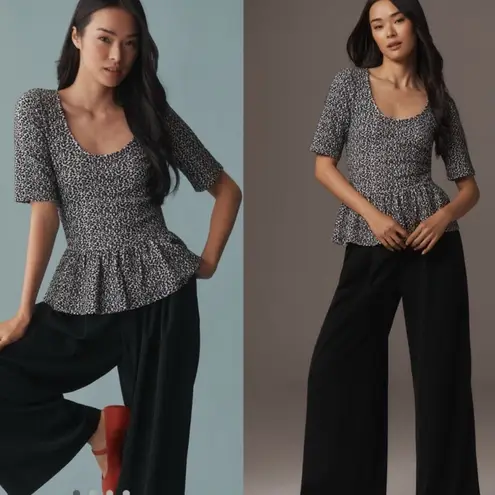 Maeve NWT ANTHROPOLOGIE Short Sleeve Leopard Peplum Scoop Neck Top Shirt Blouse