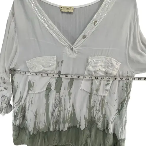 Impulse California Top Large White Green Dip Dye Sequin Coastal Lagenlook Boho