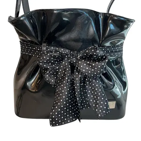 Beijo Black Vegan Patent Leather Paper Bag Handbag Polka Dot Scarf Twee Preppy