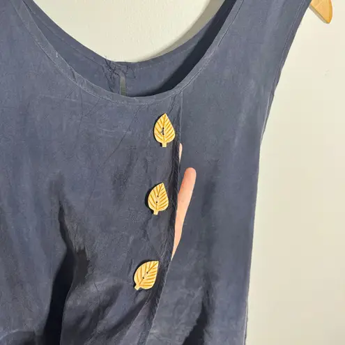 Nina Piccalino Dress 14 Navy Blue Leaf Button Tie Lagenlook Bemberg Minimal Size L