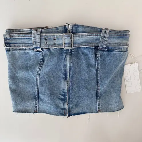 Denim Strapless Tube Top Womens Large Bustier Corset Belted Zip Blue