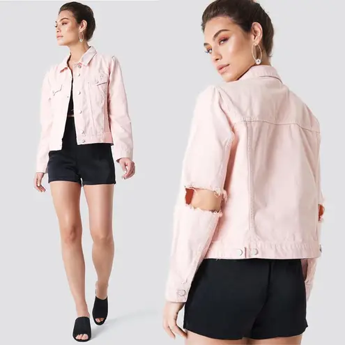 NA-KD Pink Cut Out Sleeve Denim Jacket