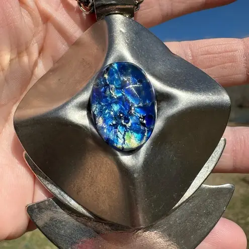 Anthony Alexander Statement Necklace Artisan Blue Glass Pendant Chunky Chain Silver