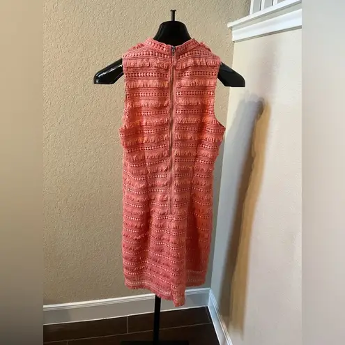 J.Crew  Sheath Dress Coral Pink Fringe Corchet Lined Mock Neck Sleeveless sz 4