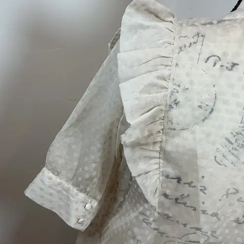 ICHI Cream Ruffle Sheer Dot Blouse Pintuck Front Script Print Romantic Boho Top Tan