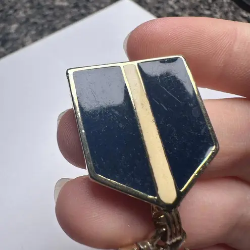 Blue & Cream Enamel Gold Tone Metal Badge Style Dangle Brooch Pin