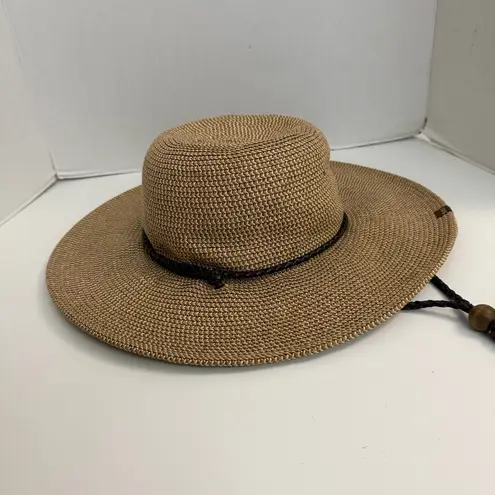Rei Co-op Rei Hat Straw Wide Brim Braided Leather Strap Tan Brown Sun Travel Beach Unisex