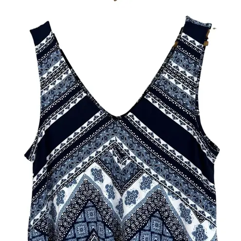 Three Pink Hearts Mini Dress Womens L Blue White Sleeveless Beachy Mediterranean Size L