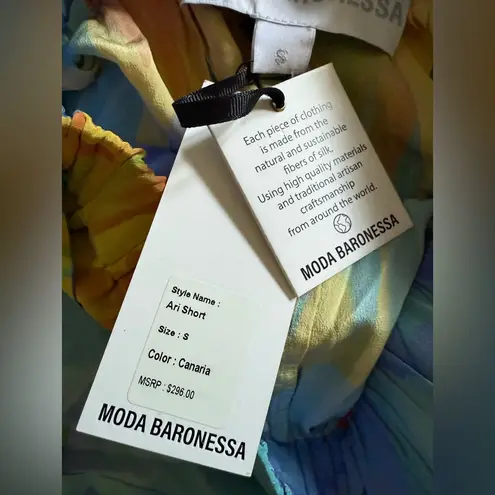 NWT Moda Baronessa Ari Short Canaria Print High Rise Belted Silk Shorts Small Blue