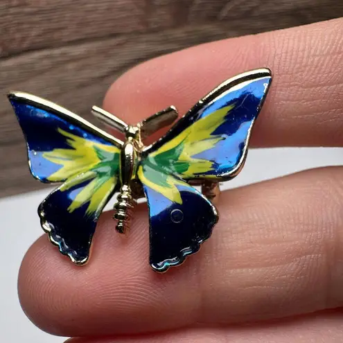 Butterfly Insect Blue Yellow Green Enamel Brooch Pin Gold Tone Set Of 2