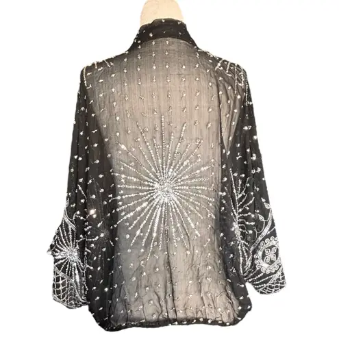 Vintage 80s Swee Lo Black Top Silk Sequin Beaded Metallic Tie Neck Sheer Blouse