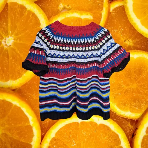 Hand Knit Open Front Short Sleeve Colorful Sweater Red