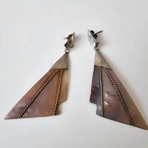 Maximalist Silver Mother of Pearl Rope Sailboat Vintage Statement earrings Purple