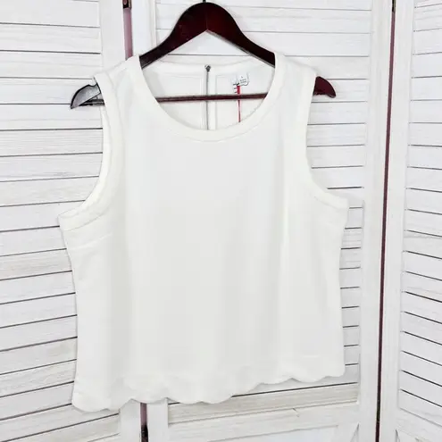 Elle Scallop Hem Pique Knit Sleeveless Tank Top Shirt Ivory White Large