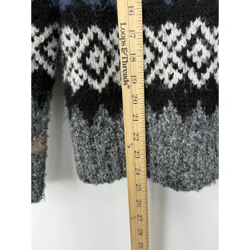 Evereve Fair Isle Fuzzy Knit Sweater Blue Gray Black Nordic Cozy Winter M