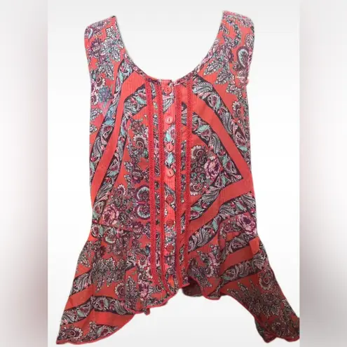 love on a hanger Sheer Red Bohemian Paisley Button Down Racerback Tank Top Small