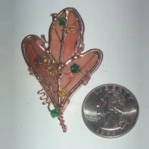 Copper Wire Stained Glass Leaf Pendant with Green and Yellow Accents Brown