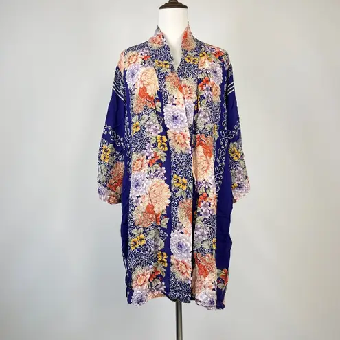 Johnny Was NWOT Blue Floral Pockets KIMONO Coat Sz S
