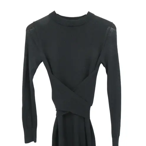 Allsaints Black Flora Wrap Long Sleeve Merino Wool Midi Sweater Dress M Size M