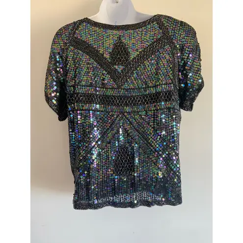 Vintage Silk SequinTop Black Iridescent Short Sleeve Blouse Party Art Deco NYE