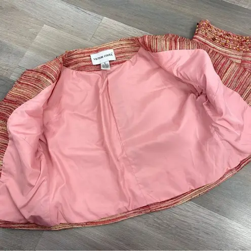 Victor Costa Tweed Bead Detail Crop Blazer Jacket Pink Red Cream 6