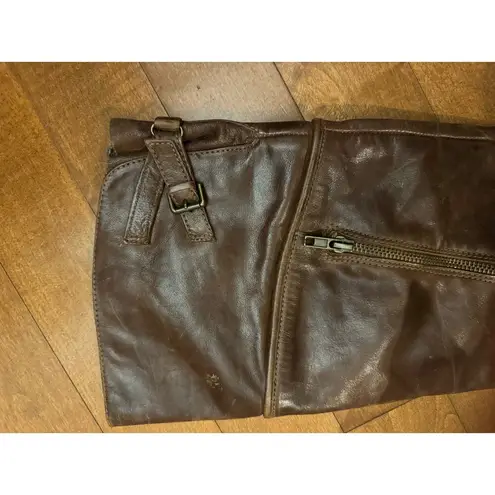 Luxury Rebel Brown Distressed Leather Over Knee Harness Zip Boots size 7.5