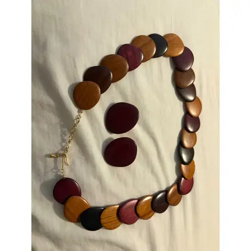 Wooden Disc Necklace and Earrings Set Brown Purple Statement Jewelry Women