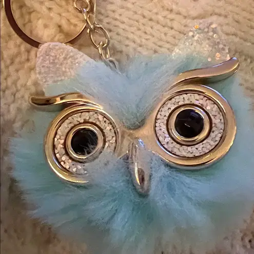 Blue Fluffy Owl Pom Keychain with Glitter Ears Gold