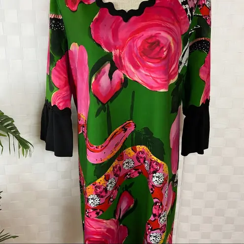 Cavalli Class Green And Pink Snake Jewel Floral Print Mid Sleeve Dress Size 12