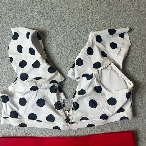 Yuly Swimsuit Womens L White Black Red Ruffle Trim High Waisted Bikini NEW Size L