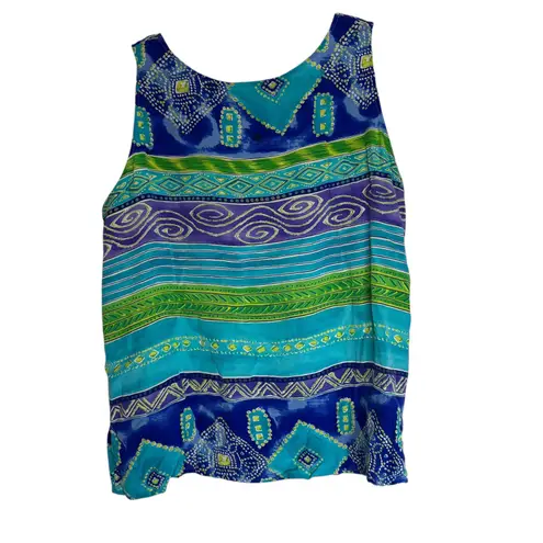 Diane Gilman Collection Silk Tank Top 1X Blue Green Abstract Print Sleeveless