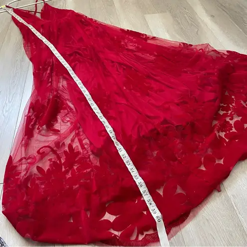 Applique Plunge Maxi Dress floral mesh slits womens Red (medium) formal party