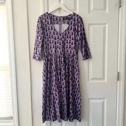 Dolly and Dotty Unique Vintage Purple Billie Black Cat Print Midi Flare Dress 10