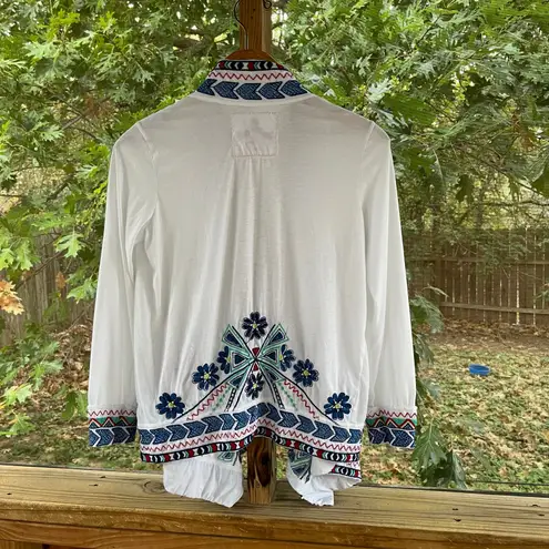 Johnny Was Women's White And Blue Embroidered Open Waterfall Jacket Size S