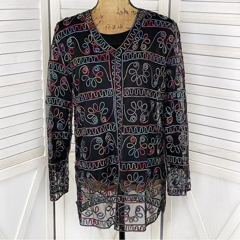 Jeannie Rainbow Embroidered Sheer Button Front Cardigan Shirt Black Medium Black