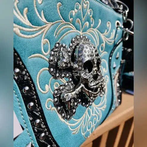 Turquoise Rhinestone Skull Concealed Carry Shoulder Bag & Wallet Set NWT Blue