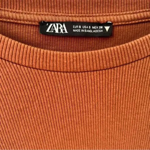 ZARA  Cinch‎ Midi Ribbed Short Sleeve Bodycon Dress Copper Color Size Small
