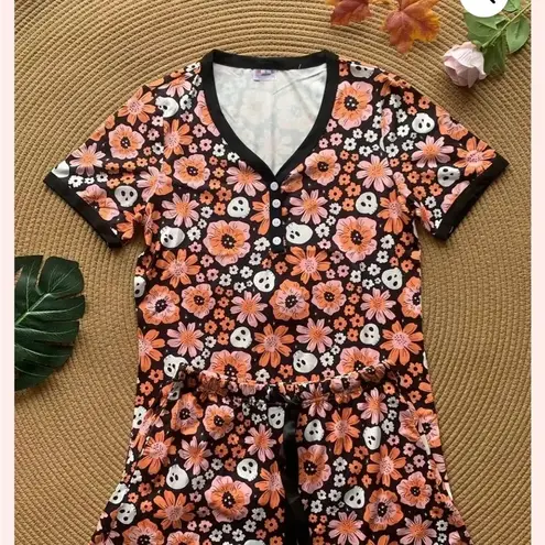 Shirley & Stone Boho Floral Skeleton Short With Short Sleeve Pajama Set Size Sm Orange