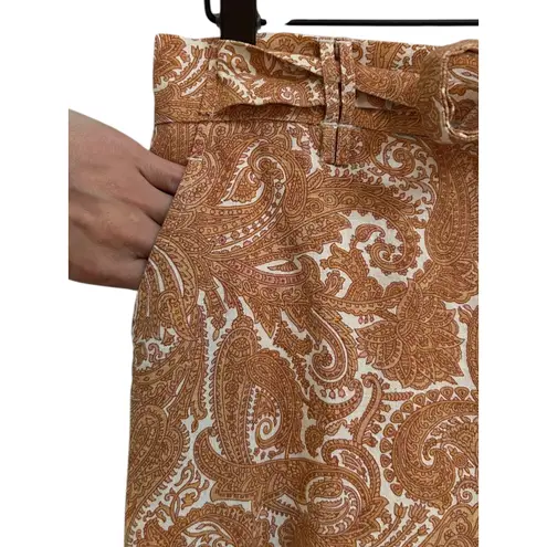 Sigrid Olsen Women Brown Boho Paisley Cropped Wide Leg Belted Linen Pants Medium