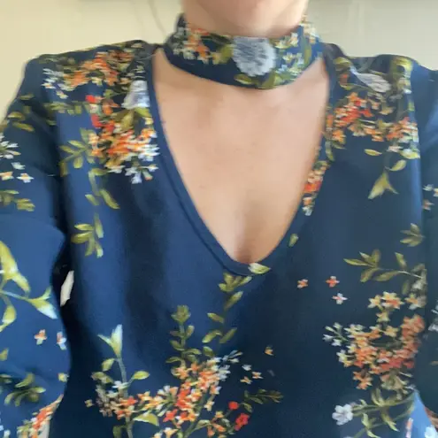 Navy floral choker blouse medium high neck puff sleeve
