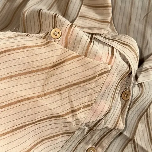 VTG SHEER BROWN STRIPE BUTTON UP SHORT SLEEVE BLOUSE