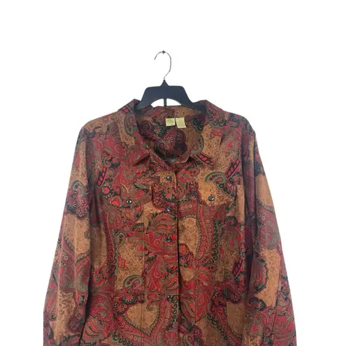 Islander Women’s Plus 3X Suede Feel Paisley Button Up Shirt Warm Brown Red Fall