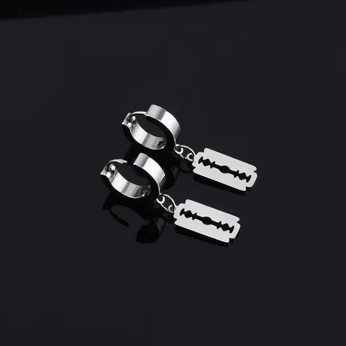 Titanium Steel Razor Blade Shape Dangle Drop Earrings for Men Women Punk Hip Hop Silver