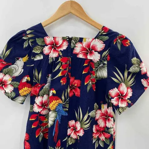 Vintage Blue Hawaii Muumuu Dress Womens Medium Blue Parrot Floral Print Cotton