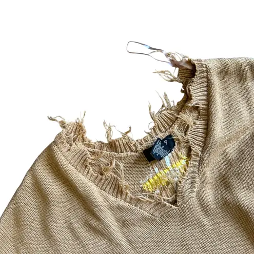 Just Polly New York Brown w/ Daisy Sweater SZ L Distressed V