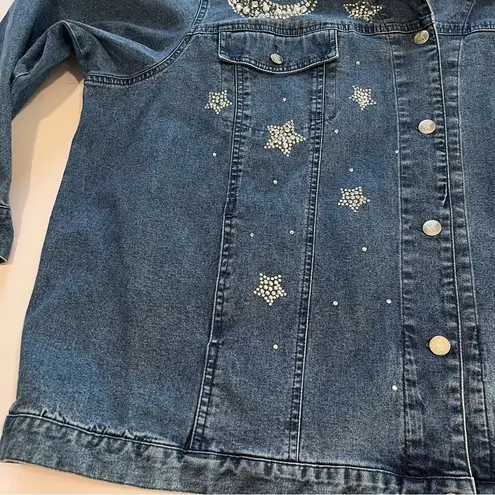 Quacker Factory  Denim Rhinestone Beaded Moon Stars Celestial Jean Jacket Size 3X