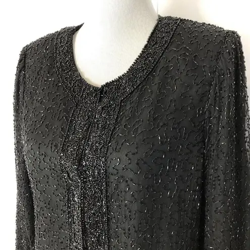 Laurence Kazar Laurence Kazer All Over Beaded Open Jacket Women Size M Black Silk Formal Party