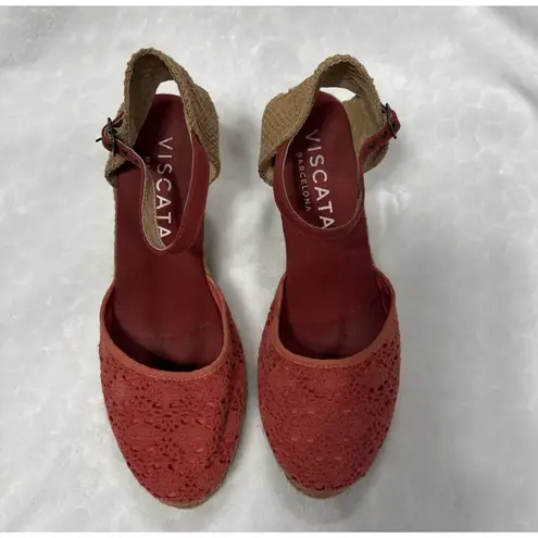 Viscata Barcelona Espadrilles Wedge Size 40 Euro 9 US Ankle Strap Crochet Fabric Pink