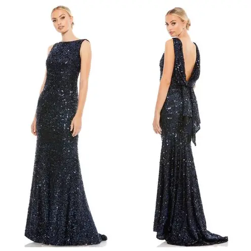Mac Duggal Midnight Blue Cowl Back Boat Neck Sequined Evening Gown 12 $398 26331